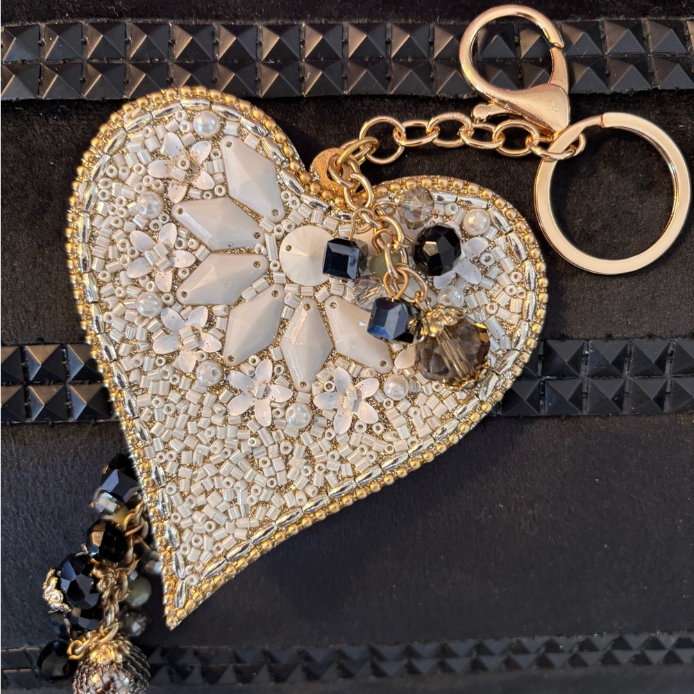bag charm Heart Pendant key charm White with Black and Gold Accents